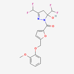 molecular formula C18H16F4N2O5 B4343740 [3,5-BIS(DIFLUOROMETHYL)-5-HYDROXY-4,5-DIHYDRO-1H-PYRAZOL-1-YL]{5-[(2-METHOXYPHENOXY)METHYL]-2-FURYL}METHANONE 