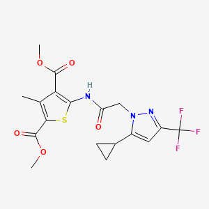 molecular formula C18H18F3N3O5S B4343850 DIMETHYL 5-({2-[5-CYCLOPROPYL-3-(TRIFLUOROMETHYL)-1H-PYRAZOL-1-YL]ACETYL}AMINO)-3-METHYL-2,4-THIOPHENEDICARBOXYLATE 