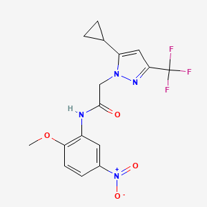 molecular formula C16H15F3N4O4 B4344156 2-[5-cyclopropyl-3-(trifluoromethyl)-1H-pyrazol-1-yl]-N-(2-methoxy-5-nitrophenyl)acetamide 