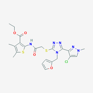 molecular formula C22H23ClN6O4S2 B4344177 ETHYL 2-[(2-{[5-(4-CHLORO-1-METHYL-1H-PYRAZOL-3-YL)-4-(2-FURYLMETHYL)-4H-1,2,4-TRIAZOL-3-YL]SULFANYL}ACETYL)AMINO]-4,5-DIMETHYL-3-THIOPHENECARBOXYLATE 