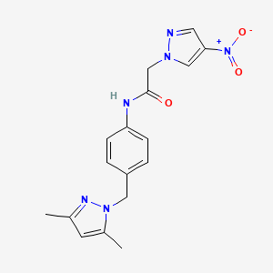 molecular formula C17H18N6O3 B4344461 N-{4-[(3,5-dimethyl-1H-pyrazol-1-yl)methyl]phenyl}-2-(4-nitro-1H-pyrazol-1-yl)acetamide 