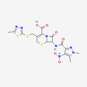 7-{[(1,5-dimethyl-4-nitro-1H-pyrazol-3-yl)carbonyl]amino}-3-{[(5-methyl-1,3,4-thiadiazol-2-yl)sulfanyl]methyl}-8-oxo-5-thia-1-azabicyclo[4.2.0]oct-2-ene-2-carboxylic acid