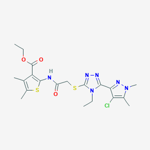 molecular formula C20H25ClN6O3S2 B4344848 ETHYL 2-[(2-{[5-(4-CHLORO-1,5-DIMETHYL-1H-PYRAZOL-3-YL)-4-ETHYL-4H-1,2,4-TRIAZOL-3-YL]SULFANYL}ACETYL)AMINO]-4,5-DIMETHYL-3-THIOPHENECARBOXYLATE 