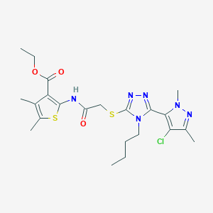 molecular formula C22H29ClN6O3S2 B4344998 ETHYL 2-[(2-{[4-BUTYL-5-(4-CHLORO-1,3-DIMETHYL-1H-PYRAZOL-5-YL)-4H-1,2,4-TRIAZOL-3-YL]SULFANYL}ACETYL)AMINO]-4,5-DIMETHYL-3-THIOPHENECARBOXYLATE 