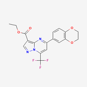 molecular formula C18H14F3N3O4 B4345087 ethyl 5-(2,3-dihydro-1,4-benzodioxin-6-yl)-7-(trifluoromethyl)pyrazolo[1,5-a]pyrimidine-3-carboxylate 