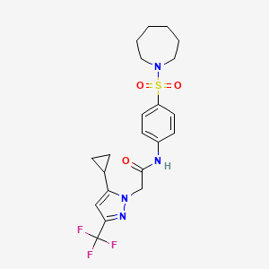 molecular formula C21H25F3N4O3S B4345238 N-[4-(1-azepanylsulfonyl)phenyl]-2-[5-cyclopropyl-3-(trifluoromethyl)-1H-pyrazol-1-yl]acetamide 