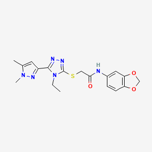 molecular formula C18H20N6O3S B4345478 N-(1,3-benzodioxol-5-yl)-2-{[5-(1,5-dimethyl-1H-pyrazol-3-yl)-4-ethyl-4H-1,2,4-triazol-3-yl]sulfanyl}acetamide 