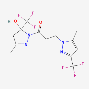 molecular formula C13H14F6N4O2 B4345571 1-[5-HYDROXY-3-METHYL-5-(TRIFLUOROMETHYL)-4,5-DIHYDRO-1H-PYRAZOL-1-YL]-3-[5-METHYL-3-(TRIFLUOROMETHYL)-1H-PYRAZOL-1-YL]-1-PROPANONE 