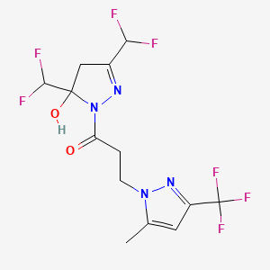 molecular formula C13H13F7N4O2 B4345626 1-[3,5-BIS(DIFLUOROMETHYL)-5-HYDROXY-4,5-DIHYDRO-1H-PYRAZOL-1-YL]-3-[5-METHYL-3-(TRIFLUOROMETHYL)-1H-PYRAZOL-1-YL]-1-PROPANONE 