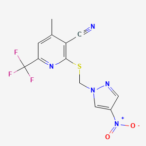 molecular formula C12H8F3N5O2S B4345717 4-METHYL-2-{[(4-NITRO-1H-PYRAZOL-1-YL)METHYL]SULFANYL}-6-(TRIFLUOROMETHYL)-3-PYRIDYL CYANIDE 