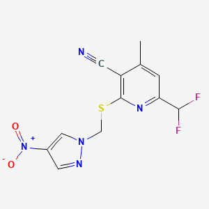 molecular formula C12H9F2N5O2S B4345719 6-(DIFLUOROMETHYL)-4-METHYL-2-{[(4-NITRO-1H-PYRAZOL-1-YL)METHYL]SULFANYL}-3-PYRIDYL CYANIDE 