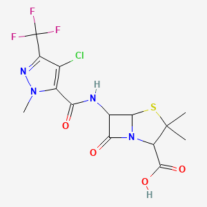 molecular formula C14H14ClF3N4O4S B4346104 6-({[4-chloro-1-methyl-3-(trifluoromethyl)-1H-pyrazol-5-yl]carbonyl}amino)-3,3-dimethyl-7-oxo-4-thia-1-azabicyclo[3.2.0]heptane-2-carboxylic acid 