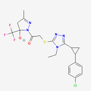 molecular formula C20H21ClF3N5O2S B4346154 2-({5-[2-(4-CHLOROPHENYL)CYCLOPROPYL]-4-ETHYL-4H-1,2,4-TRIAZOL-3-YL}SULFANYL)-1-[5-HYDROXY-3-METHYL-5-(TRIFLUOROMETHYL)-4,5-DIHYDRO-1H-PYRAZOL-1-YL]-1-ETHANONE 