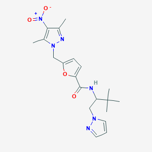 molecular formula C20H26N6O4 B4346361 5-[(3,5-dimethyl-4-nitro-1H-pyrazol-1-yl)methyl]-N-[2,2-dimethyl-1-(1H-pyrazol-1-ylmethyl)propyl]-2-furamide 