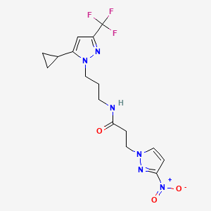 molecular formula C16H19F3N6O3 B4346476 N-{3-[5-cyclopropyl-3-(trifluoromethyl)-1H-pyrazol-1-yl]propyl}-3-(3-nitro-1H-pyrazol-1-yl)propanamide 