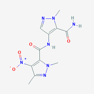 molecular formula C11H13N7O4 B4346537 N-[5-(aminocarbonyl)-1-methyl-1H-pyrazol-4-yl]-1,3-dimethyl-4-nitro-1H-pyrazole-5-carboxamide 