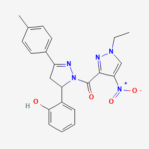 molecular formula C22H21N5O4 B4346708 (1-ethyl-4-nitro-1H-pyrazol-3-yl)[5-(2-hydroxyphenyl)-3-(4-methylphenyl)-4,5-dihydro-1H-pyrazol-1-yl]methanone 