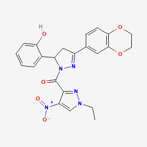 molecular formula C23H21N5O6 B4346716 [3-(2,3-dihydro-1,4-benzodioxin-6-yl)-5-(2-hydroxyphenyl)-4,5-dihydro-1H-pyrazol-1-yl](1-ethyl-4-nitro-1H-pyrazol-3-yl)methanone 