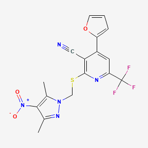 molecular formula C17H12F3N5O3S B4346895 2-{[(3,5-DIMETHYL-4-NITRO-1H-PYRAZOL-1-YL)METHYL]SULFANYL}-4-(2-FURYL)-6-(TRIFLUOROMETHYL)-3-PYRIDYL CYANIDE 