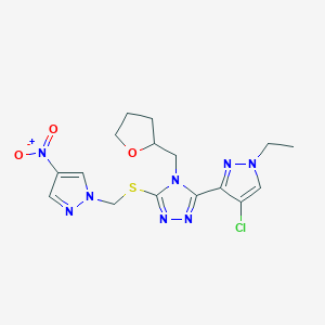 molecular formula C16H19ClN8O3S B4347057 3-(4-CHLORO-1-ETHYL-1H-PYRAZOL-3-YL)-5-{[(4-NITRO-1H-PYRAZOL-1-YL)METHYL]SULFANYL}-4-(TETRAHYDRO-2-FURANYLMETHYL)-4H-1,2,4-TRIAZOLE 