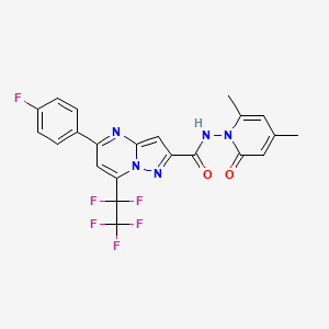 molecular formula C22H15F6N5O2 B4347531 N-[2,4-DIMETHYL-6-OXO-1(6H)-PYRIDINYL]-5-(4-FLUOROPHENYL)-7-(1,1,2,2,2-PENTAFLUOROETHYL)PYRAZOLO[1,5-A]PYRIMIDINE-2-CARBOXAMIDE 