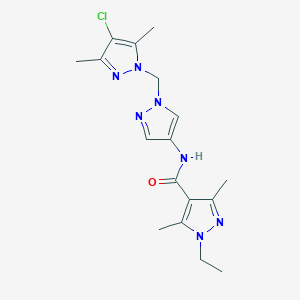 molecular formula C17H22ClN7O B4347567 N-{1-[(4-chloro-3,5-dimethyl-1H-pyrazol-1-yl)methyl]-1H-pyrazol-4-yl}-1-ethyl-3,5-dimethyl-1H-pyrazole-4-carboxamide 