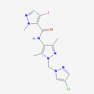 molecular formula C14H15ClIN7O B4347569 N~5~-{1-[(4-CHLORO-1H-PYRAZOL-1-YL)METHYL]-3,5-DIMETHYL-1H-PYRAZOL-4-YL}-4-IODO-1-METHYL-1H-PYRAZOLE-5-CARBOXAMIDE 