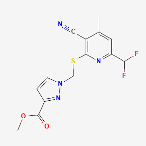 molecular formula C14H12F2N4O2S B4347723 METHYL 1-({[3-CYANO-6-(DIFLUOROMETHYL)-4-METHYL-2-PYRIDYL]SULFANYL}METHYL)-1H-PYRAZOLE-3-CARBOXYLATE 