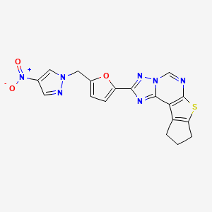 molecular formula C18H13N7O3S B4347808 2-{5-[(4-nitro-1H-pyrazol-1-yl)methyl]-2-furyl}-9,10-dihydro-8H-cyclopenta[4,5]thieno[3,2-e][1,2,4]triazolo[1,5-c]pyrimidine 