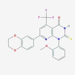 molecular formula C23H16F3N3O4S B4349851 7-(2,3-dihydro-1,4-benzodioxin-6-yl)-1-(2-methoxyphenyl)-2-sulfanyl-5-(trifluoromethyl)pyrido[2,3-d]pyrimidin-4(1H)-one 