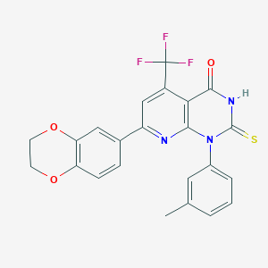 molecular formula C23H16F3N3O3S B4352054 7-(2,3-dihydro-1,4-benzodioxin-6-yl)-1-(3-methylphenyl)-2-sulfanyl-5-(trifluoromethyl)pyrido[2,3-d]pyrimidin-4(1H)-one 