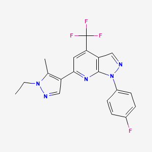 molecular formula C19H15F4N5 B4352962 6-(1-ethyl-5-methyl-1H-pyrazol-4-yl)-1-(4-fluorophenyl)-4-(trifluoromethyl)-1H-pyrazolo[3,4-b]pyridine 