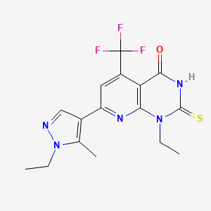 molecular formula C16H16F3N5OS B4353774 1-ethyl-7-(1-ethyl-5-methyl-1H-pyrazol-4-yl)-2-mercapto-5-(trifluoromethyl)pyrido[2,3-d]pyrimidin-4(1H)-one 