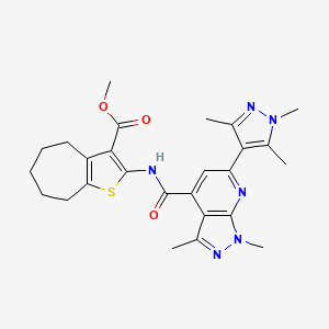 molecular formula C26H30N6O3S B4355042 methyl 2-({[1,3-dimethyl-6-(1,3,5-trimethyl-1H-pyrazol-4-yl)-1H-pyrazolo[3,4-b]pyridin-4-yl]carbonyl}amino)-5,6,7,8-tetrahydro-4H-cyclohepta[b]thiophene-3-carboxylate 