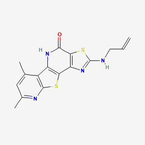 molecular formula C16H14N4OS2 B4355254 11,13-dimethyl-4-(prop-2-enylamino)-5,16-dithia-3,8,14-triazatetracyclo[7.7.0.02,6.010,15]hexadeca-1(9),2(6),3,10(15),11,13-hexaen-7-one 