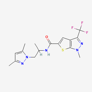 molecular formula C16H18F3N5OS B4355300 N-[2-(3,5-dimethyl-1H-pyrazol-1-yl)-1-methylethyl]-1-methyl-3-(trifluoromethyl)-1H-thieno[2,3-c]pyrazole-5-carboxamide 