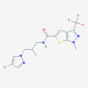 molecular formula C15H15ClF3N5OS B4355318 N-[3-(4-chloro-1H-pyrazol-1-yl)-2-methylpropyl]-1-methyl-3-(trifluoromethyl)-1H-thieno[2,3-c]pyrazole-5-carboxamide 