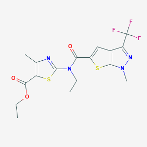 molecular formula C17H17F3N4O3S2 B4355323 ethyl 2-(ethyl{[1-methyl-3-(trifluoromethyl)-1H-thieno[2,3-c]pyrazol-5-yl]carbonyl}amino)-4-methyl-1,3-thiazole-5-carboxylate 