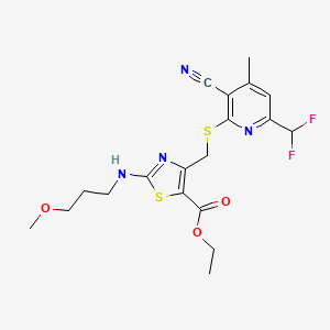 molecular formula C19H22F2N4O3S2 B4355471 ETHYL 4-({[3-CYANO-6-(DIFLUOROMETHYL)-4-METHYL-2-PYRIDYL]SULFANYL}METHYL)-2-[(3-METHOXYPROPYL)AMINO]-1,3-THIAZOLE-5-CARBOXYLATE 