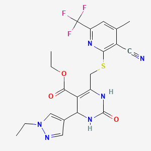 molecular formula C21H21F3N6O3S B4355502 ethyl 6-({[3-cyano-4-methyl-6-(trifluoromethyl)pyridin-2-yl]sulfanyl}methyl)-4-(1-ethyl-1H-pyrazol-4-yl)-2-oxo-1,2,3,4-tetrahydropyrimidine-5-carboxylate 