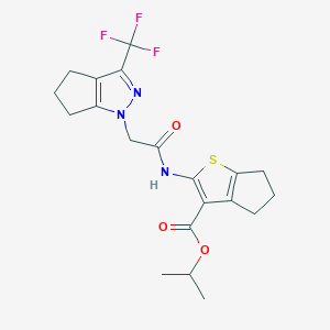 molecular formula C20H22F3N3O3S B4355524 ISOPROPYL 2-({2-[3-(TRIFLUOROMETHYL)-5,6-DIHYDROCYCLOPENTA[C]PYRAZOL-1(4H)-YL]ACETYL}AMINO)-5,6-DIHYDRO-4H-CYCLOPENTA[B]THIOPHENE-3-CARBOXYLATE 