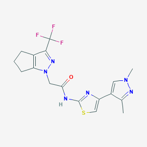 molecular formula C17H17F3N6OS B4355532 N-[4-(1,3-dimethyl-1H-pyrazol-4-yl)-1,3-thiazol-2-yl]-2-[3-(trifluoromethyl)-5,6-dihydrocyclopenta[c]pyrazol-1(4H)-yl]acetamide 