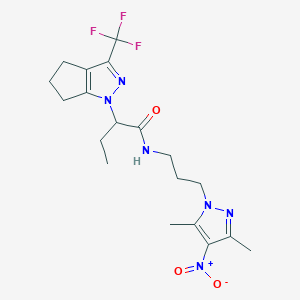 molecular formula C19H25F3N6O3 B4355565 N-[3-(3,5-dimethyl-4-nitro-1H-pyrazol-1-yl)propyl]-2-[3-(trifluoromethyl)-5,6-dihydrocyclopenta[c]pyrazol-1(4H)-yl]butanamide 