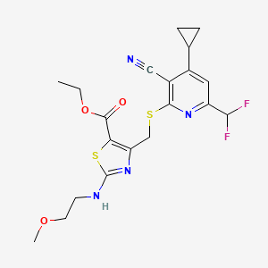 molecular formula C20H22F2N4O3S2 B4355699 ETHYL 4-({[3-CYANO-4-CYCLOPROPYL-6-(DIFLUOROMETHYL)-2-PYRIDYL]SULFANYL}METHYL)-2-[(2-METHOXYETHYL)AMINO]-1,3-THIAZOLE-5-CARBOXYLATE 