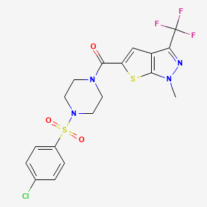 molecular formula C18H16ClF3N4O3S2 B4355916 {4-[(4-CHLOROPHENYL)SULFONYL]PIPERAZINO}[1-METHYL-3-(TRIFLUOROMETHYL)-1H-THIENO[2,3-C]PYRAZOL-5-YL]METHANONE 