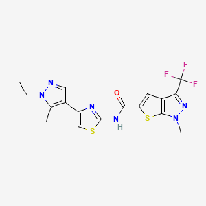 molecular formula C17H15F3N6OS2 B4355917 N-[4-(1-ethyl-5-methyl-1H-pyrazol-4-yl)-1,3-thiazol-2-yl]-1-methyl-3-(trifluoromethyl)-1H-thieno[2,3-c]pyrazole-5-carboxamide 