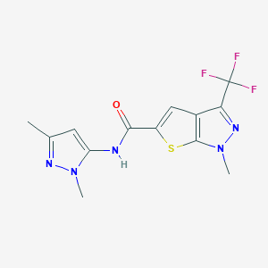 molecular formula C13H12F3N5OS B4355926 N~5~-(1,3-Dimethyl-1H-pyrazol-5-YL)-1-methyl-3-(trifluoromethyl)-1H-thieno[2,3-C]pyrazole-5-carboxamide 