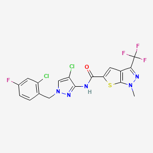 molecular formula C18H11Cl2F4N5OS B4355963 N-[4-chloro-1-(2-chloro-4-fluorobenzyl)-1H-pyrazol-3-yl]-1-methyl-3-(trifluoromethyl)-1H-thieno[2,3-c]pyrazole-5-carboxamide 