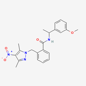 molecular formula C22H24N4O4 B4356271 2-[(3,5-DIMETHYL-4-NITRO-1H-PYRAZOL-1-YL)METHYL]-N~1~-[1-(3-METHOXYPHENYL)ETHYL]BENZAMIDE 