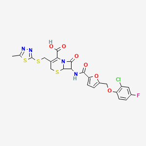 molecular formula C23H18ClFN4O6S3 B4356339 7-[({5-[(2-CHLORO-4-FLUOROPHENOXY)METHYL]-2-FURYL}CARBONYL)AMINO]-3-{[(5-METHYL-1,3,4-THIADIAZOL-2-YL)SULFANYL]METHYL}-8-OXO-5-THIA-1-AZABICYCLO[4.2.0]OCT-2-ENE-2-CARBOXYLIC ACID 